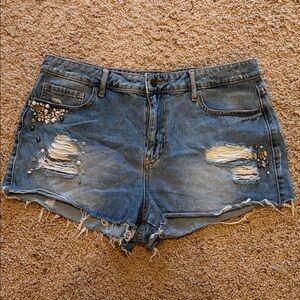 Guess Distressed Blue Jean Shorts with Rhinestone Accents Size 31